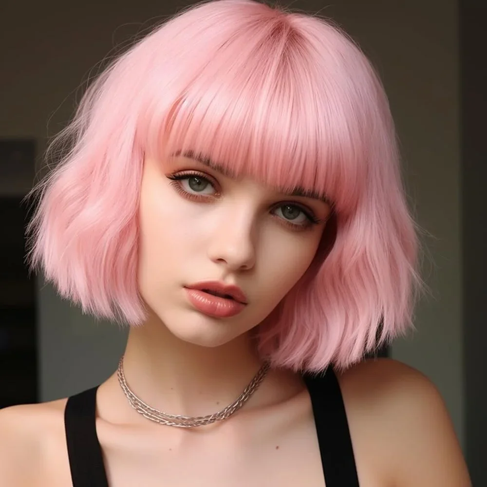 Pink Wig for Women Pastel Wavy Bob with Bangs Shoulder Length Synthetic Hair - Picture 4 of 5